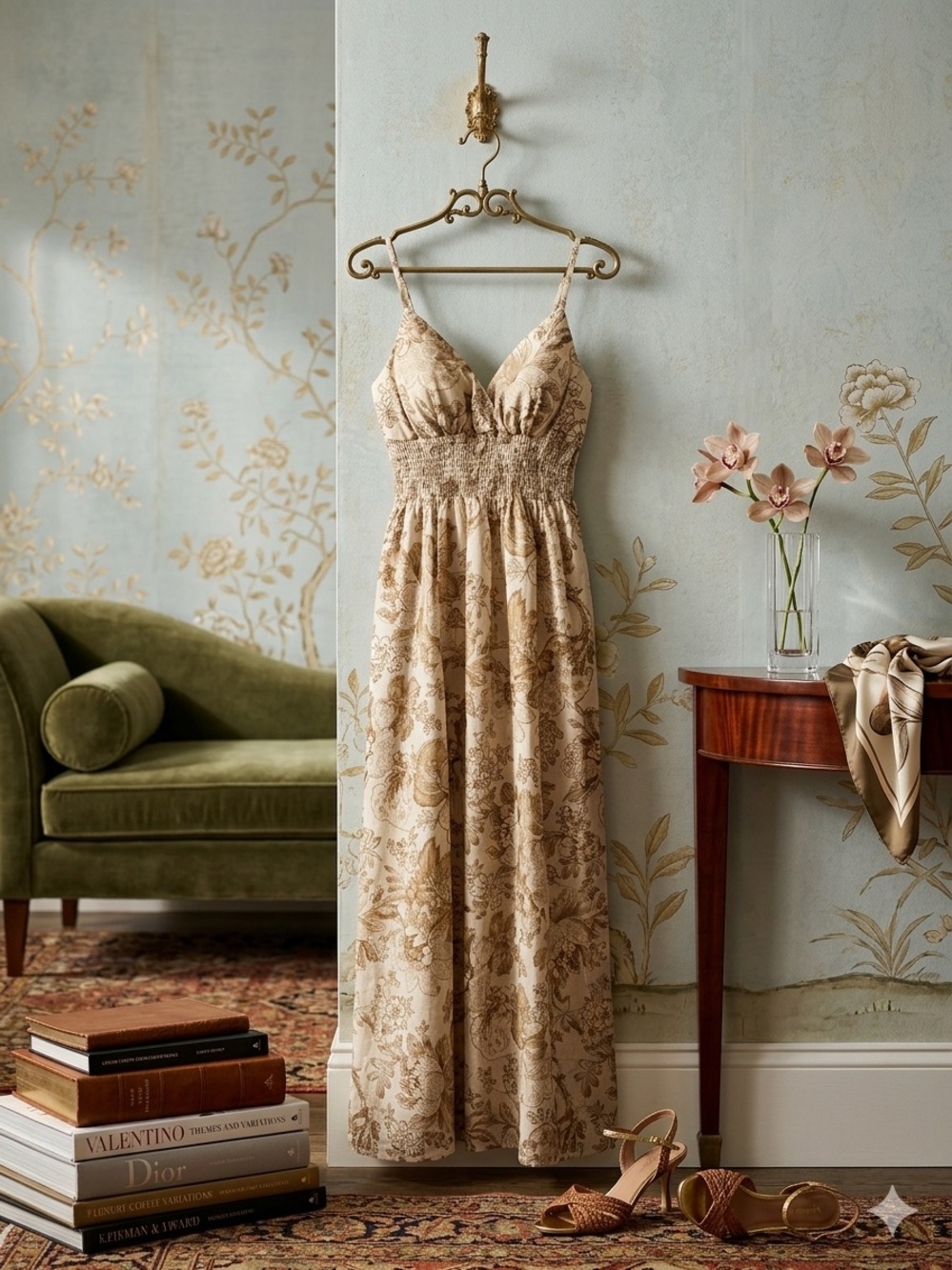 She's Cool Beige Floral Maxi Dress Wall Mirror Accent